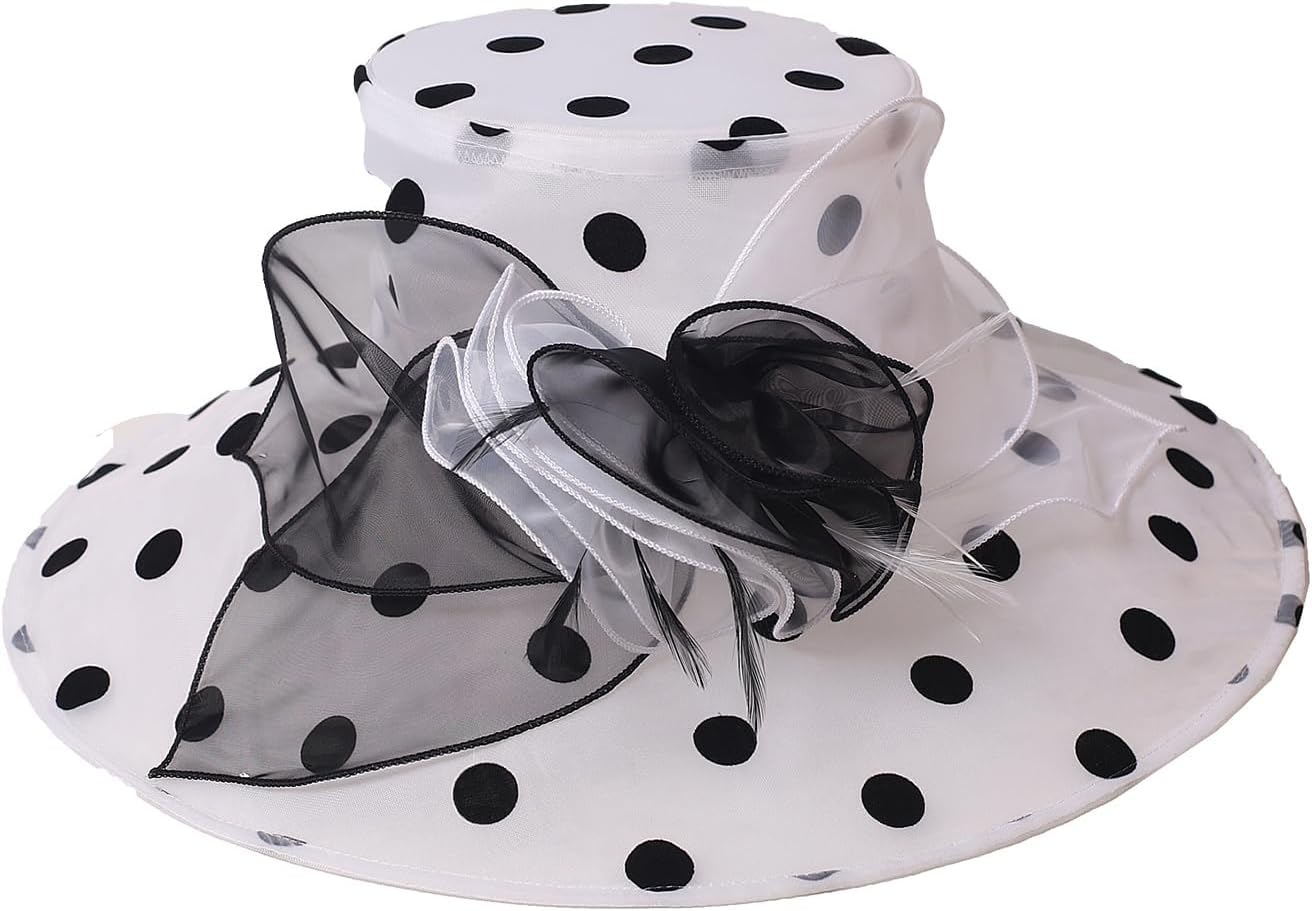 Organza Kentucky Dots Fascinator Hat for Women Ladies Wide Brim Big Sun Hats Wedding Church Hat Derby Cap