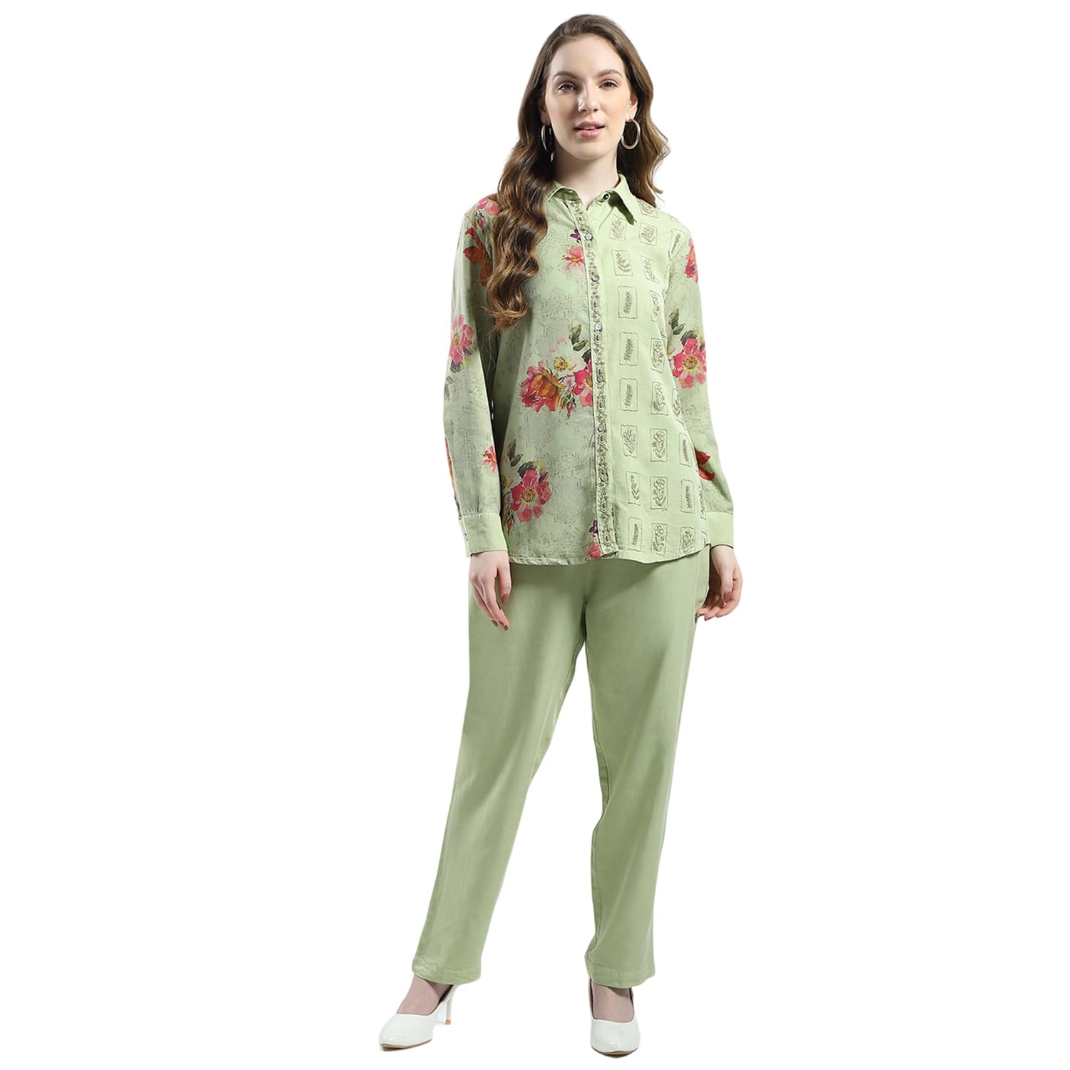 monte carlo Women's Floral Printed Co-ord Set | Full Sleeve Shirt & Pant Set | Front Open with Elegant Collar Neck Cord Set For Women's-picture-14