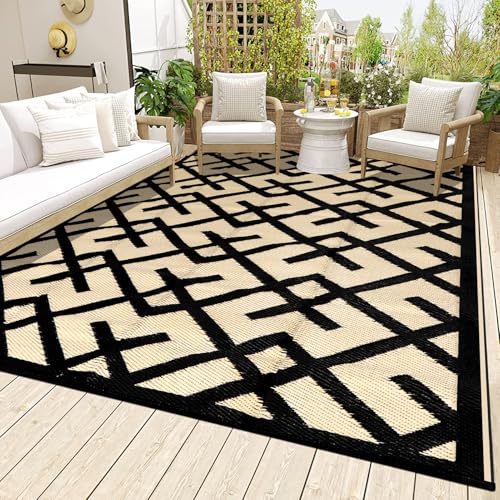 LILIOFFIC Outdoor Rug Waterproof 9x12 ft Outdoor Carpet Patio Rug Mat Reversible RV Camping Rug Plastic Straw Rug Large Outside Outdoor Area Rug for Patio Deck Balcony Backyard Beach Black & Beige