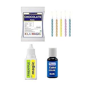 Xila Magic Chocolate Premix & Blue Cake Colour, Pineapple Essence,Candles