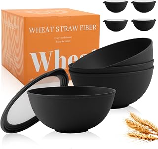 40 OZ Unbreakable Cereal Bowls with Lids, Wheat Straw Bowls Set of 4 with Unique Pattern, Reusable Plastic Bowl for Cereal, Soup, Salad and Ramen, Indoor & Outdoor Essentials, Black
