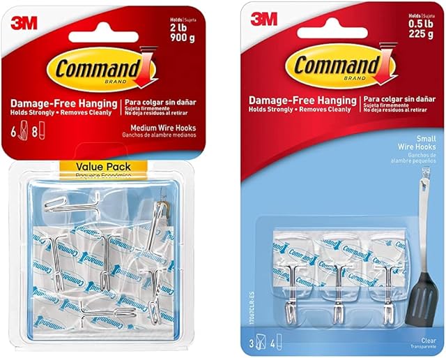 Command 17065CLR-VPES Clear Medium Wire Hooks, Value Pack of 6 Hooks and 8 Clear Adhesive Strips & 395B Mini Hooks, Pack of 6 Mini Hooks and 8 Small Adhesive Strips, Transparent