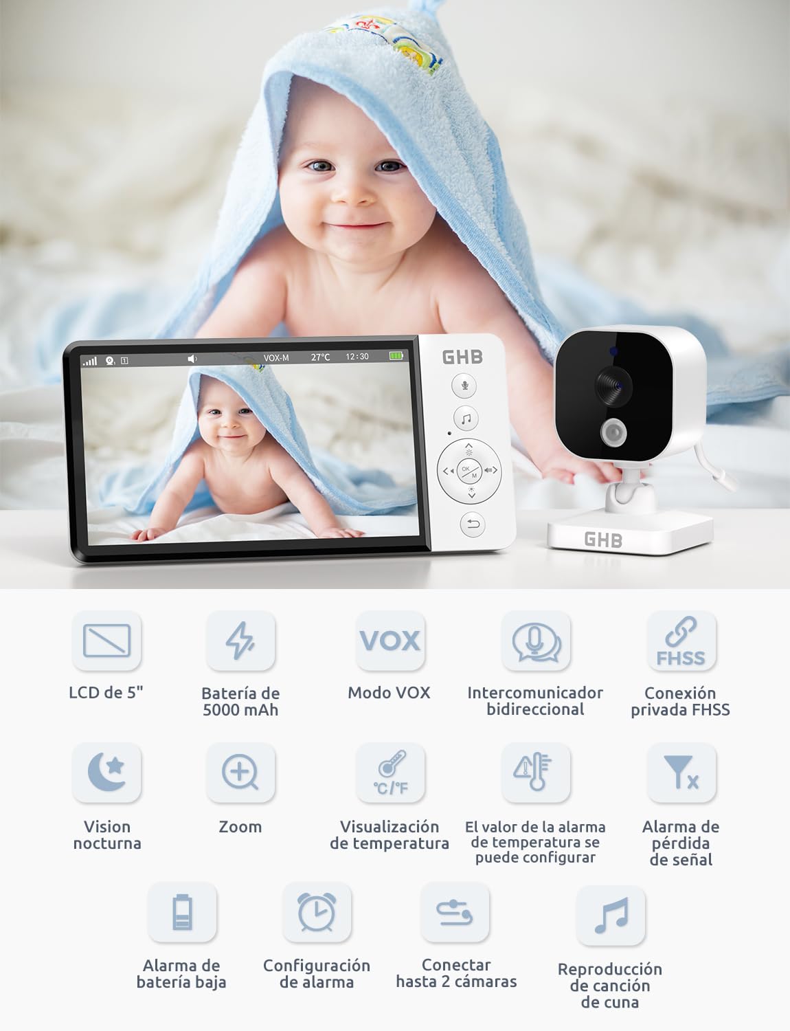 GHB Camara Vigilancia Bebe 5" 720P HD IPS Vigilabebes con Camara con Pantalla de 5000mAh, Visión Nocturna, Comunicación Bidirecciona Escucha Bebes