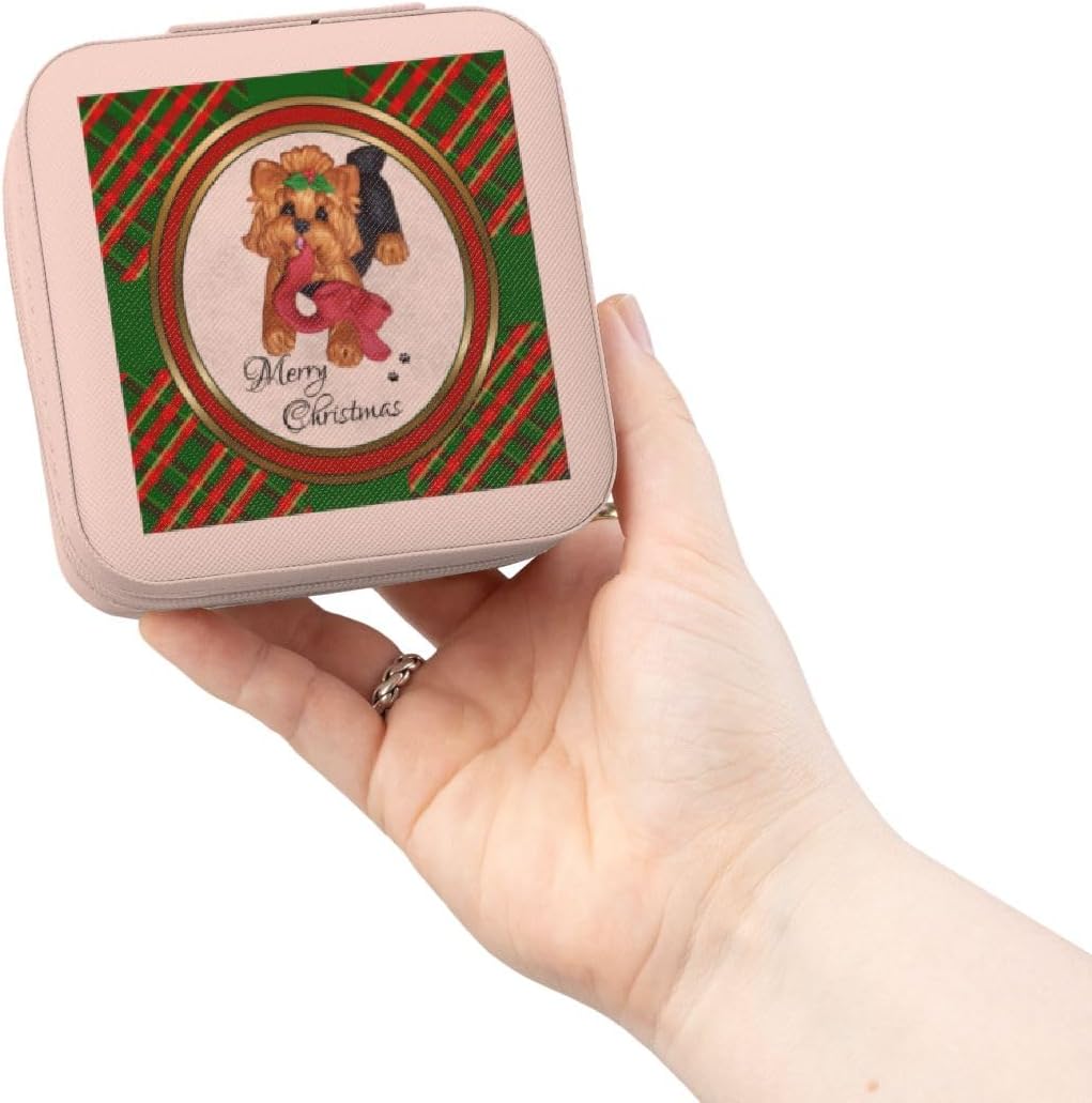 3dRose Cute Merry Christmas Red Ribbon Yorkie Yorkshire Terrier Dog Art Jewelry Travel Case Pink