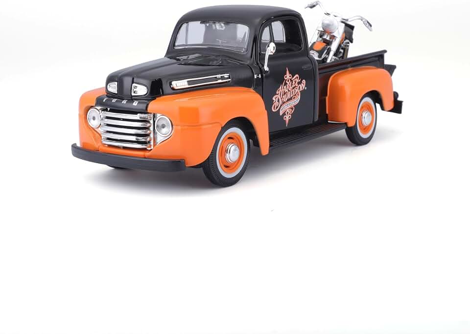 1948 年福特 F-1 皮卡車與 1958 年哈雷戴維森 FLH Duo Glide 摩托車橙色和黑色 1/24 壓鑄模型由 Maisto 提供