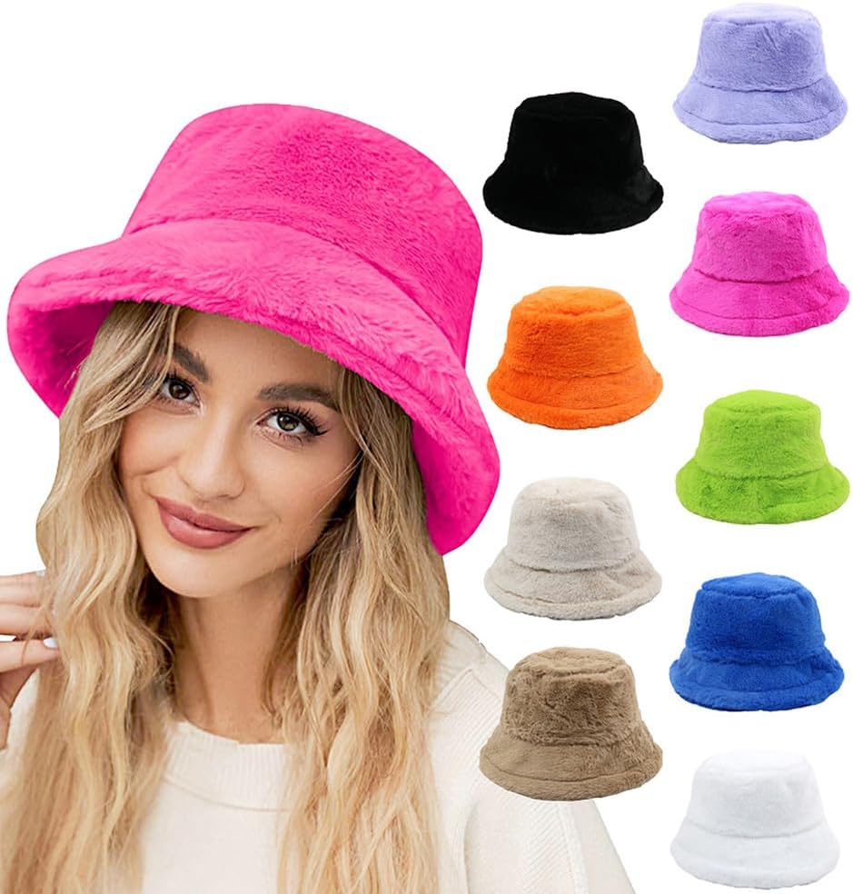 Womens Bucket Hats Winter Faux Fur Hat Mens Warm Fuzzy Outdoor Caps - Image 2