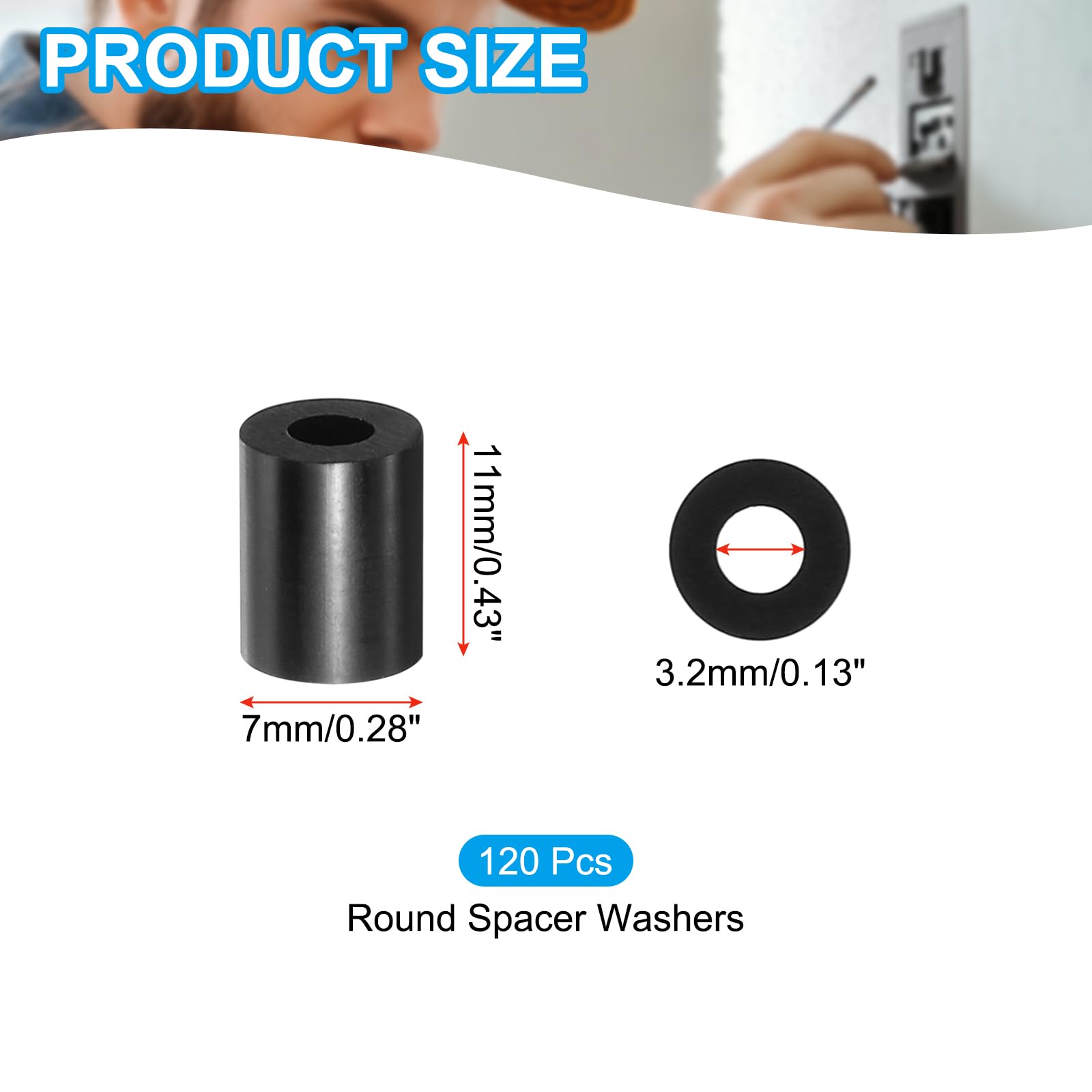 PATIKIL M3 Black ABS ID 3.2mm,OD 7mm,Length 11mm, Nylon Round Spacer Washers - Image 2