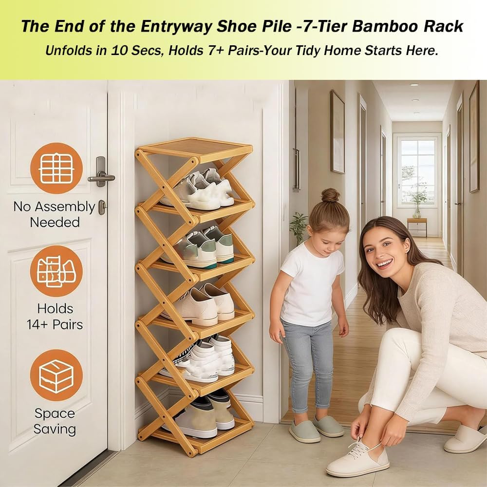 The 9-Tier No-Assembly Bamboo Rack, Accordion Shoe Rack Wooden - Holds 10+ Pairs, Rock-Solid Stability, Bamboo Folding Shoe Rack for Small Spaces, for Entryway Closet Dorm (Nature, 9Tier)