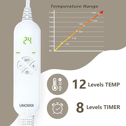 Miniatura 8 de UNOWIX Almohadilla térmica con peso completo para aliviar el dolor de espalda, 12 niveles de calefacción, 8 ajustes de temporizador, almohadilla