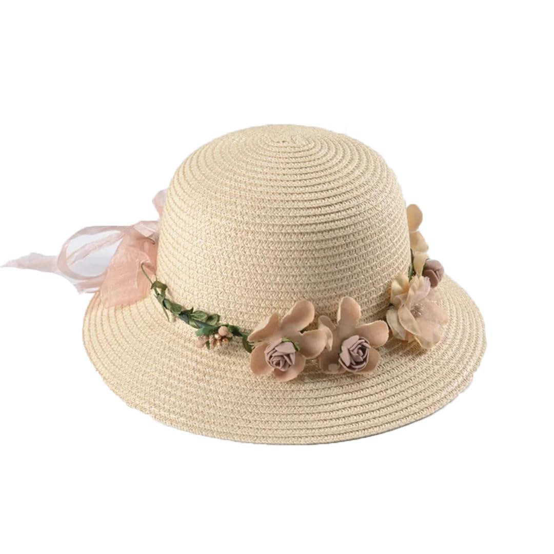 Yeuyyben Cappello da sole da donna, cappello da pescatore estivo in pizzo con fiocco e fiori, con nastro piatto, cappello di paglia da spiaggia, Panama