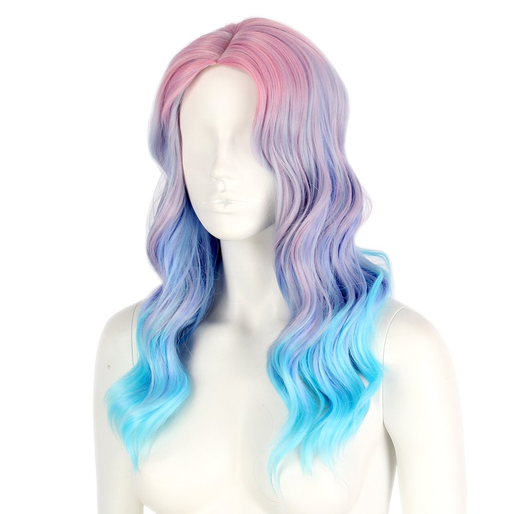 STfantasy Long Rainbow Wavy Womens Wig Pastel Ocean Wave Long Curly Waving Heat Resistant Hair Wigs for Womens Lady Girls Cosplay Halloween Party Anime Daily (Ombre Blue Pink)