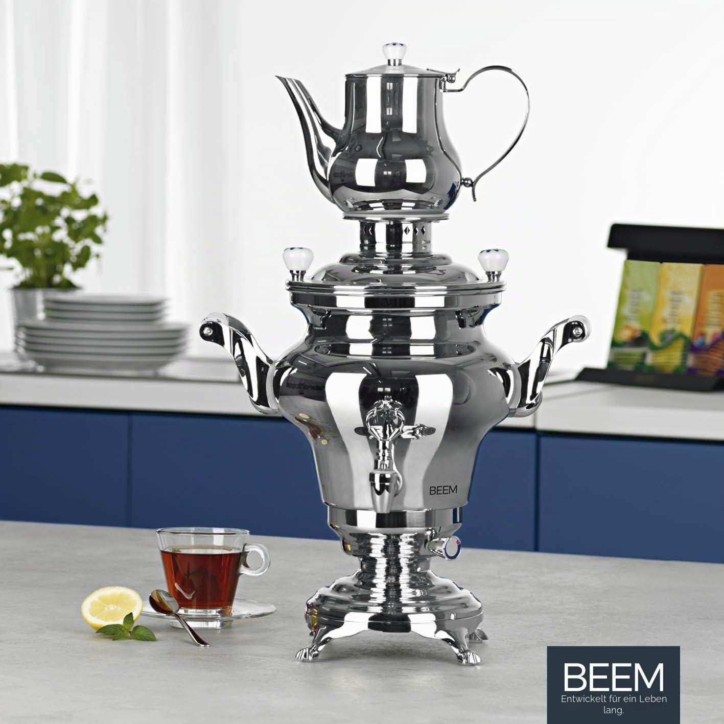 BEEM SAMOWAR Rebecca - 5 l, Teekocher elektrisch, Edelstahl, 5 l Wasserbehälter, 1,3 l Teekanne, Privat, Hotel & Gastro geeignet, Silber