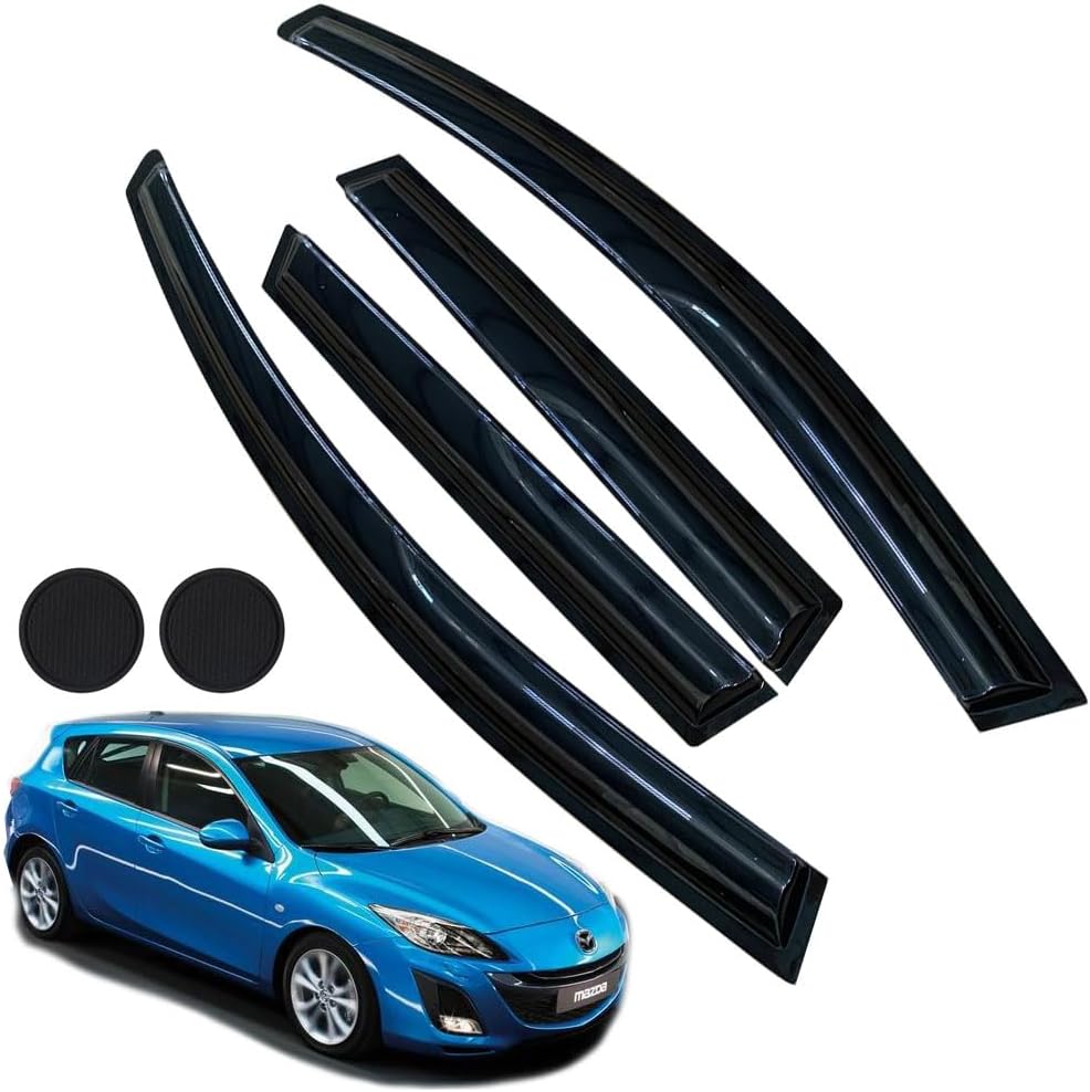 Rain Guards for Mazda 3 Hatchback 2010-2013, Tape-on Side Window Deflectors for Mazda 3 Hatchback, Window Visors for Mazda Cars, for Mazda Car Accessories 4 Rain Guards & 2 Car Coasters