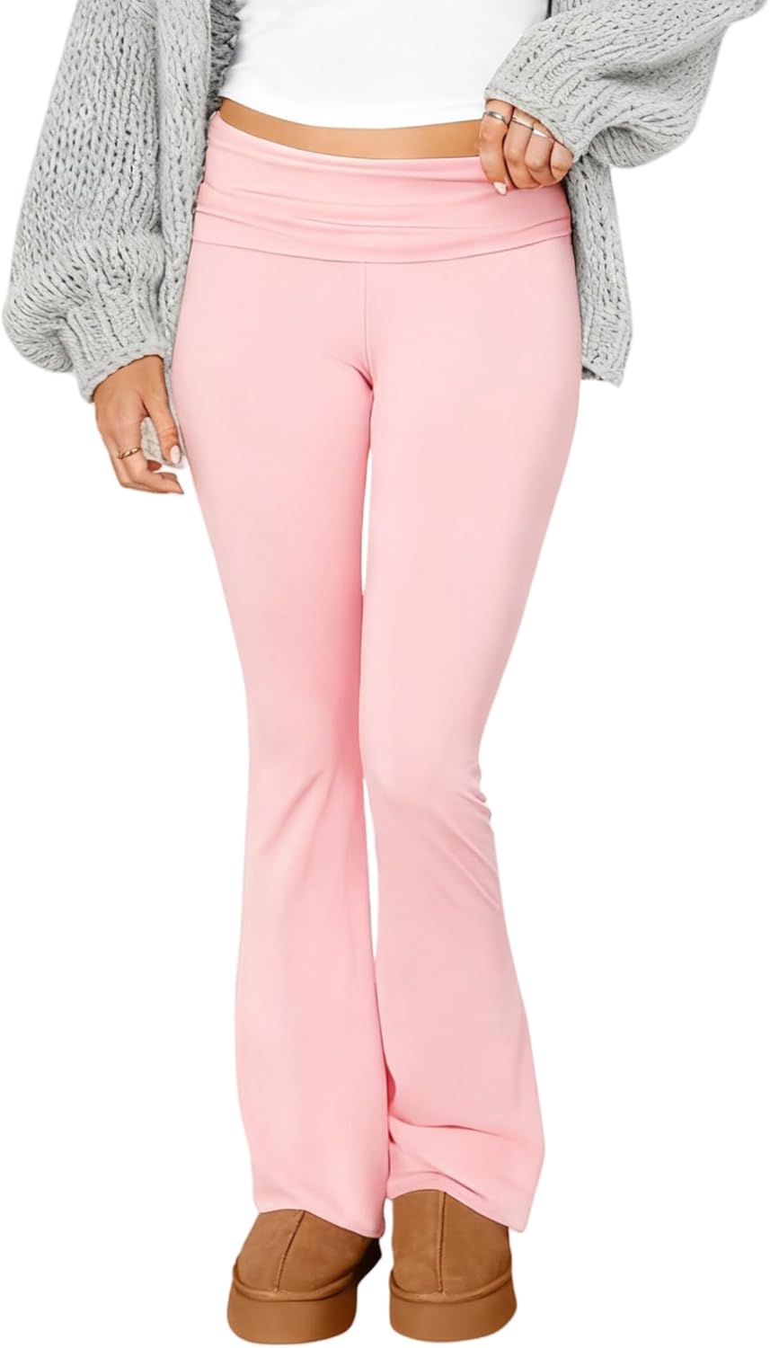 Fold Over Flare Leggings for Women Low Rise Stretch Bell Bottom Yoga Pants Teen Girls Cute Wide Leg Lounge Sweatpants