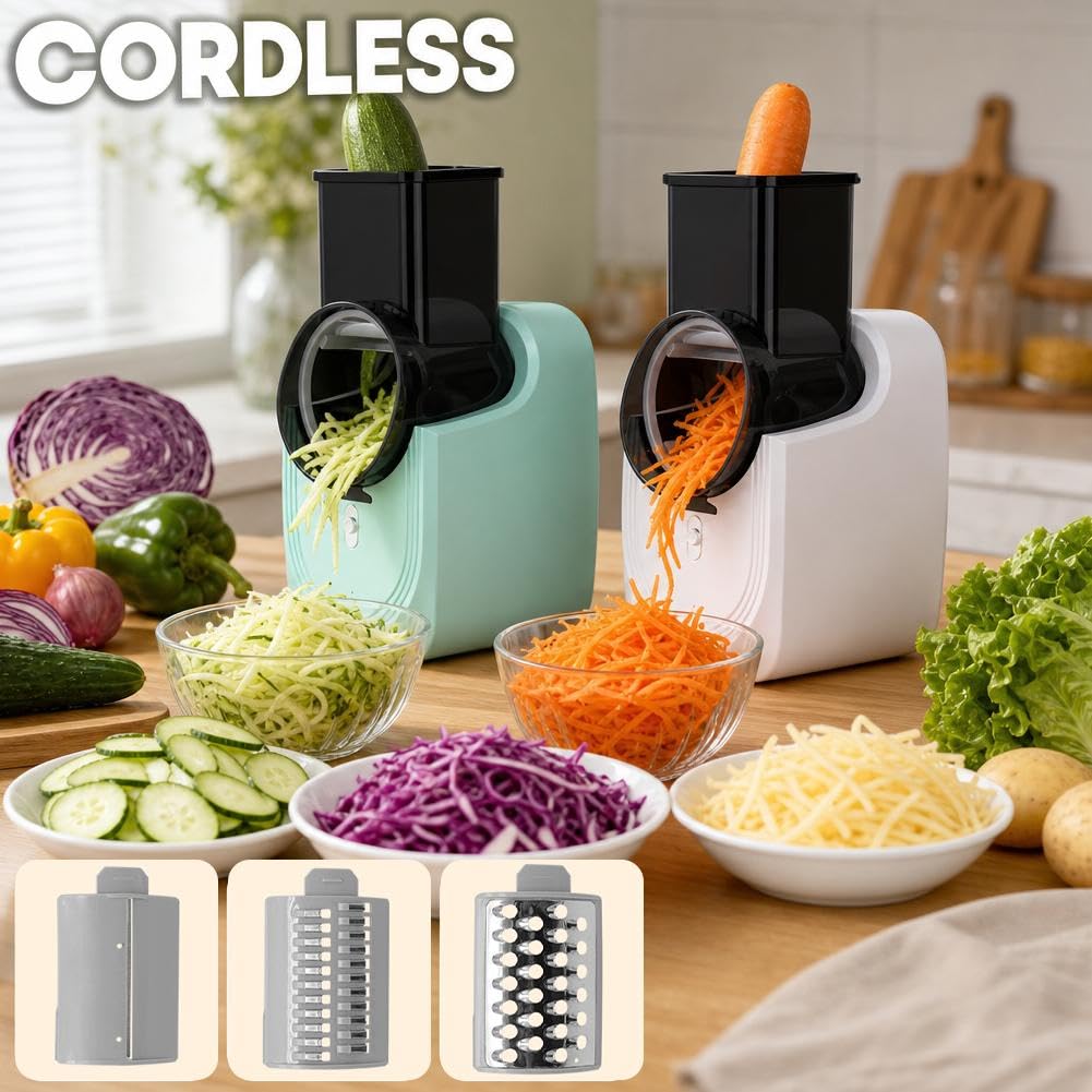 Rallador eléctrico de queso 3 en 1, cortador eléctrico de verduras y rallador, máquina de ensalada con 3 formas diferentes de cuchillas y base de succión fuerte, mini trituradora eléctrica de verduras
