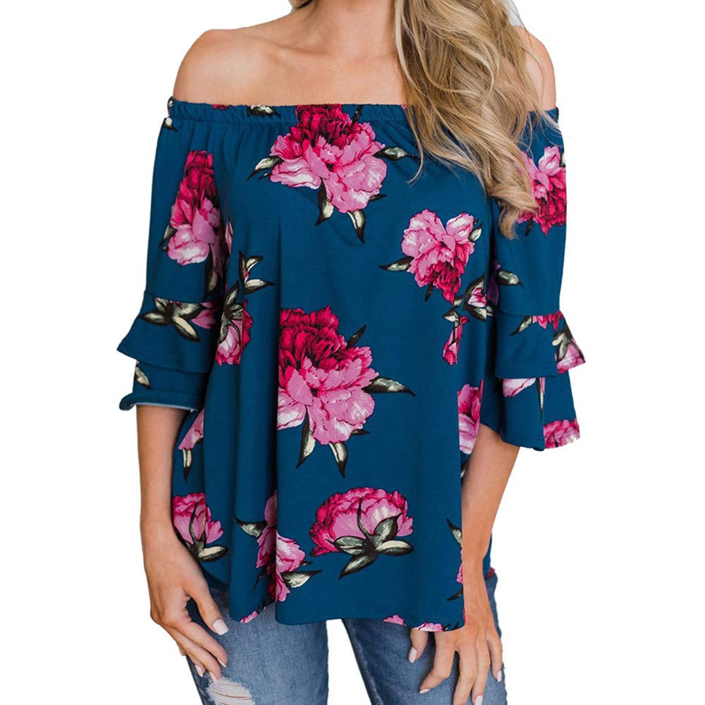 Lurcardo Women Tops Shirts Ladies Teens Fashion Casual Off Shoulder Floral Flare Sleeve Printed T-Shirts Blouse Tops