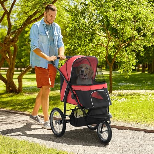 PawHut-Pet-Stroller-for-Small-and-Medium-Dogs-3-Big-Wheels-Foldable-Cat-Stroller-Jogger-with-Adjustable-Canopy-Safety-Tether-Cushion-Storage-Basket-Red - Cucciolini Doodles   PawHut-Pet-Stroller-for-Small-and-Medium-Dogs-3-Big-Wheels-Foldable-Cat-Stroller-Jogger-with-Adjustable-Canopy-Safety-Tether-Cushion-Storage-Basket-Red