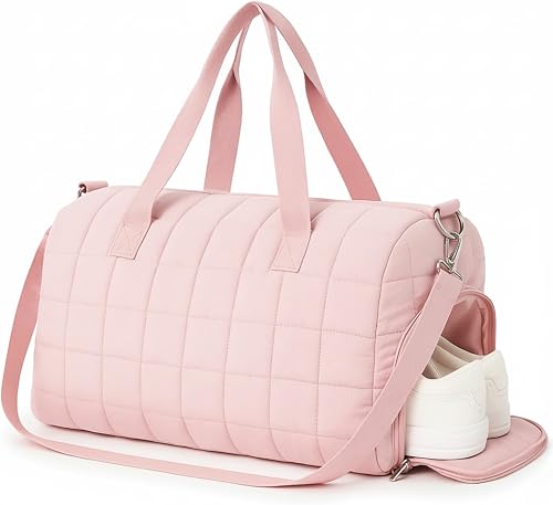 Pink Dance Bag Gifts for Young Girls Quilted Duffel Weekender Dance Gym Travel Bag with Shoe Compartment Puffer Tote Quilted Hospital Labor Storage Tote for Women