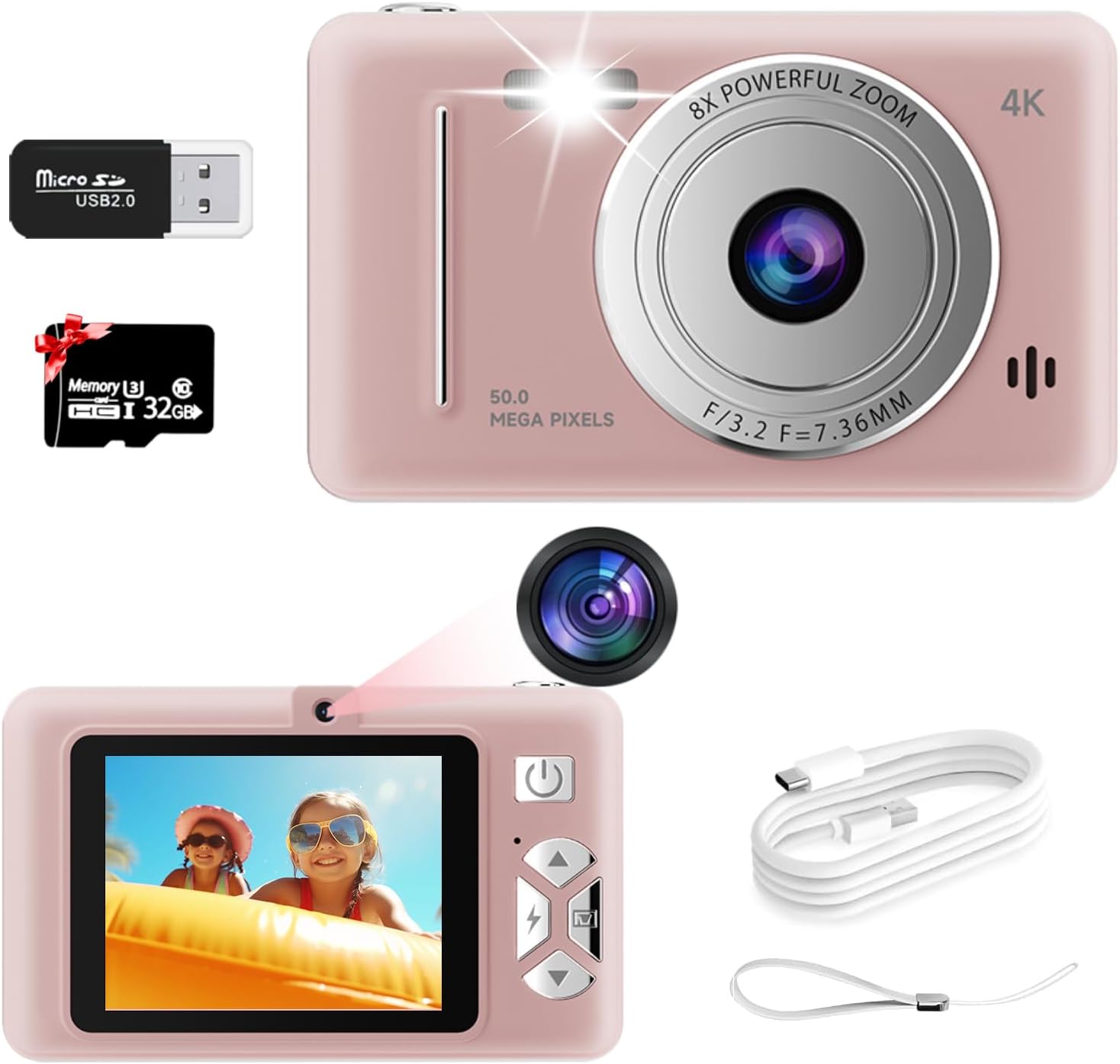 dual lens digital camera auto focus uhd 4k 48mp vlogging camera for photography with 32gb sd card 8x zoom anti-shake portable YouTube compact point and shooting digital cameras for kids