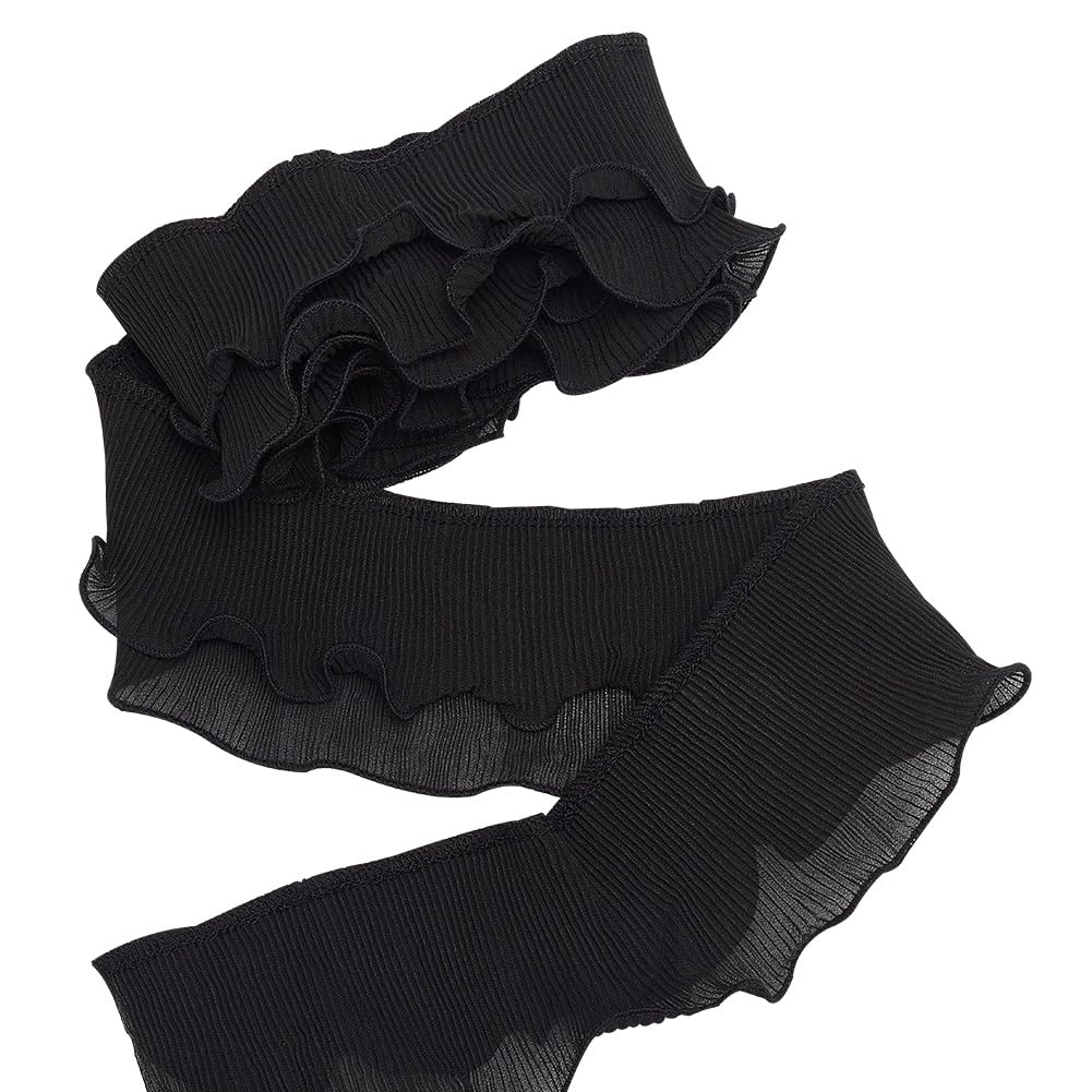 FINGERINSPIRE 3Yards/2.7M 2-Layer Pleated Chiffon Lace Ruffle Trim 85mm Wide Black Retro Ruffle Pleated Trim Gathered Ribbon Trimming Fabric Polyester Ruffled Lace Trim for Sewing DIY Craft Clothing