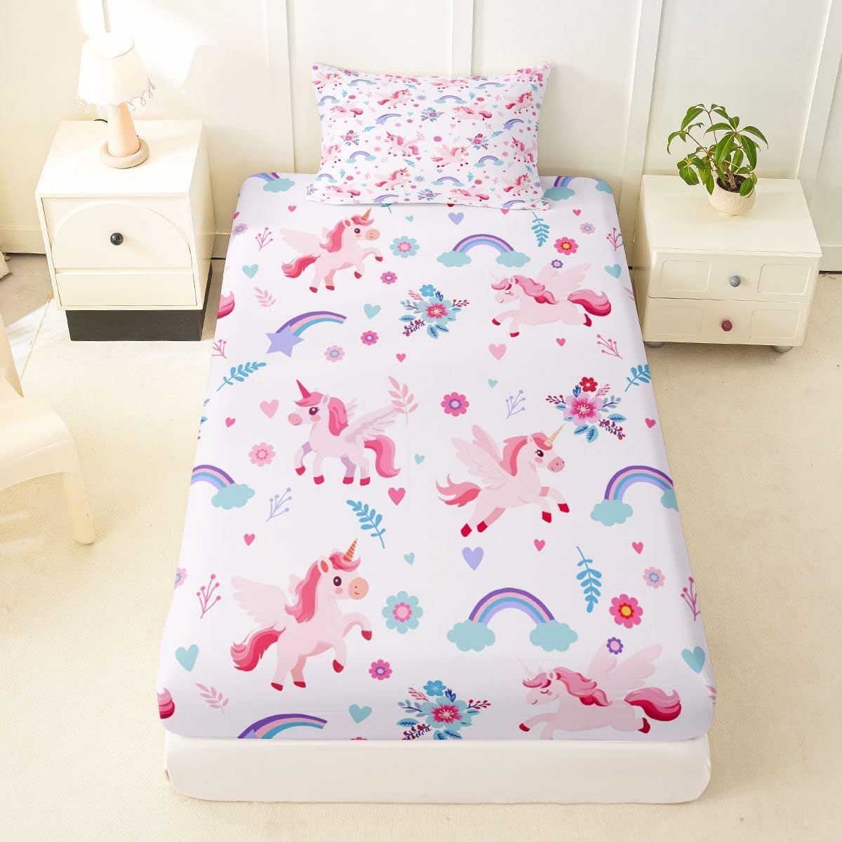 Erosebridal White Purple Unicorn Fitted Sheet Twin|Kids Cartoon Horse Bed Sheets for Kids Boys Teens Cute Magic Animals Bedding Set Dreamy Floral Rainbow Bed Cover 2 Pcs