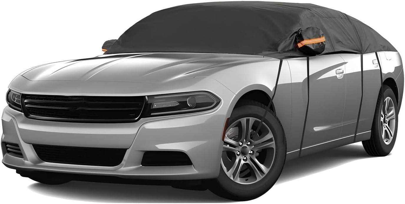 Shakas Half Car Cover, Dustproof Sun-proof and Heat-insulating Protector, Roof Side Windows Front and Rear Windshields Full Coverage Privacy Cover, Outdoor Parking Cap for Most Sedans (Black)
