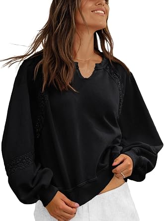 Womens Oversized Sweatshirts V Neck Lace Crochet Lantern Long Sleeve Pullover Cropped Tops Fall Outfits Clothes