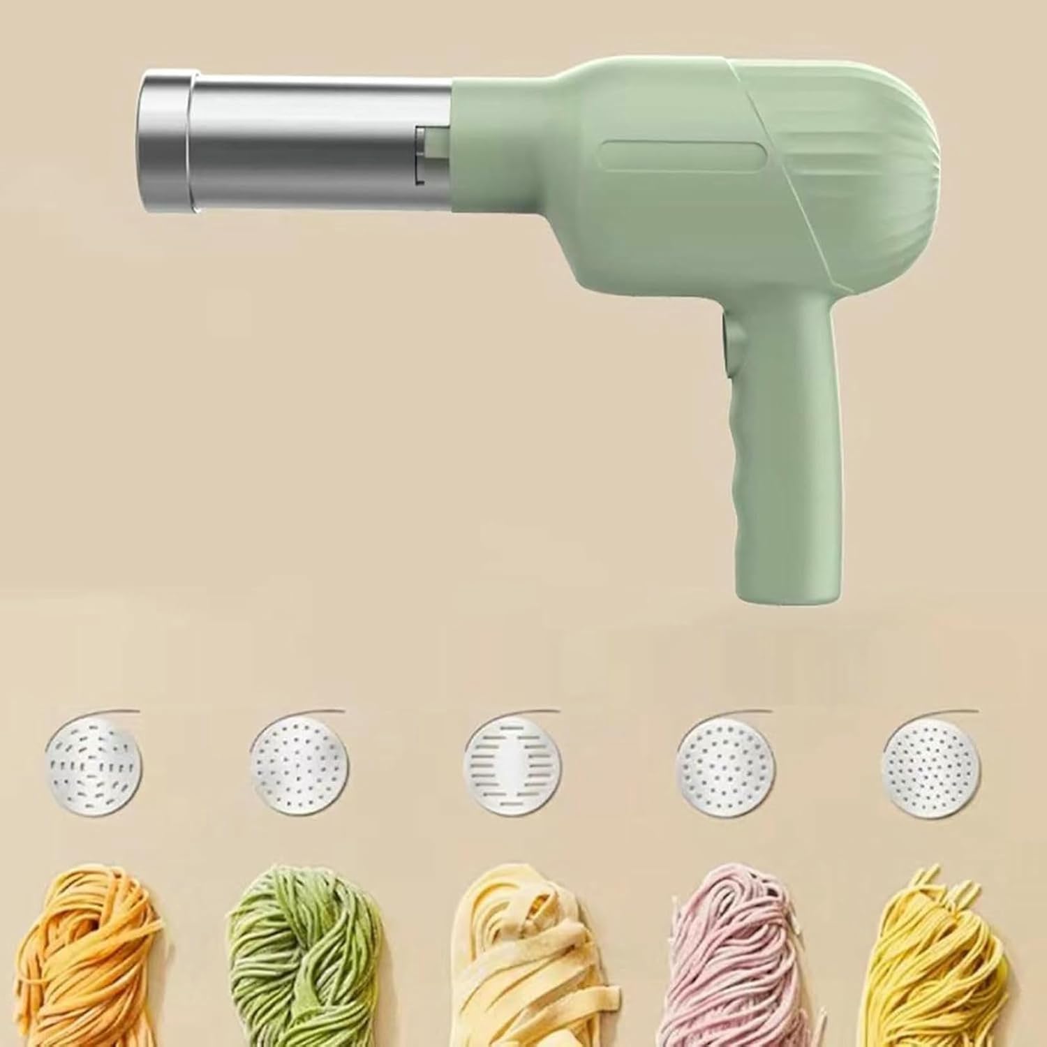 Small Household Automatic Noodle Gun with 5 Shaping Molds, Portable Handheld Electric Pasta Maker 5-in-1 Cordless Portable Noodle Maker for Home/Comercial Use