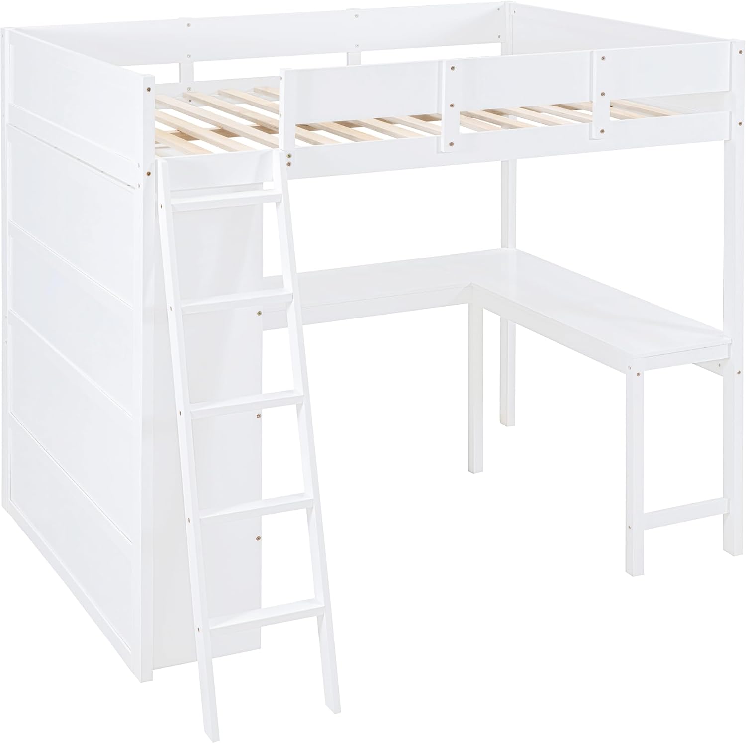 Aurre-ezkerrera view of the assembled loft bed frame with ladder and desk