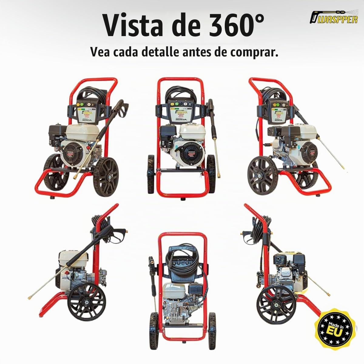 Hidrolimpiadora Gasolina 2900 PSI (200 Bar), Motor Honda GP160 163cc, Hidrolimpiadora Alta Presión para Coche, Patio y Construcción, 8.5 L/min – Waspper W2900HA