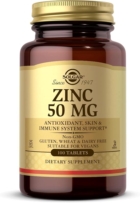 Solgar Zinc 50 Mg, 100 Tablets - Zinc For Healthy Skin, Taste &amp; Vision - Immune System &amp; Antioxidant Support - Supports Cell Growth &amp; DNA Formation - Non GMO, Vegan, Gluten Free - 100 Servings