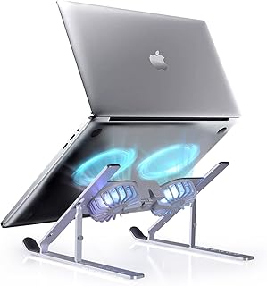JKma Laptop Stand Portable Foldable Laptop Stand Aluminum Laptop Cooling Stand with 2 Cooling Fans RGB Lights 7 Height adjustments Compatible with 10 to 15.6 inch laptops (Silver)