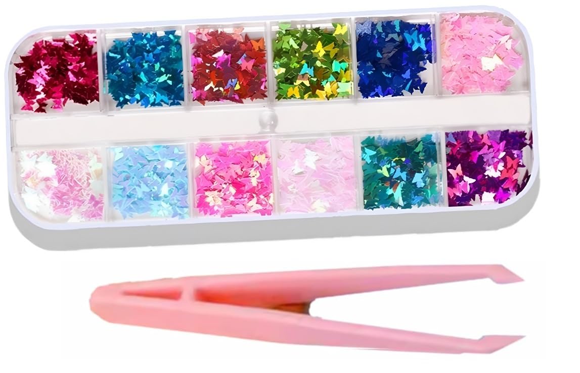 LOBE MIRACLE Butterfly Nail Art Sequins, Multicolor Holographic Glitter Flakes, 3D Shiny Paillette for Acrylic, Gel and DIY Crafts, 12 Colours, Butterfly Art Stone, Nail Accessories-image-29