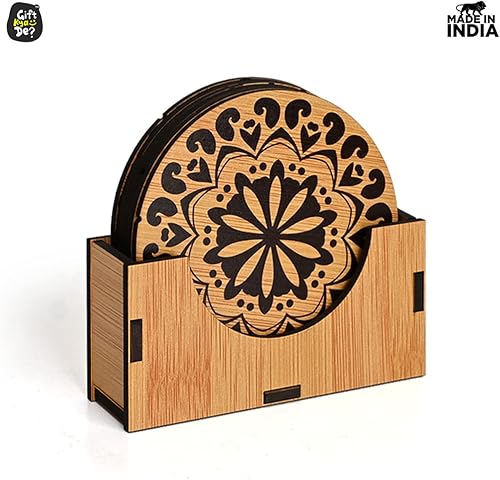Miniatura 4 de GKD - Juego de 6 posavasos de madera para bebidas, juego de 6 posavasos de mandala de MDF con soporte, 3.5 pulgadas, ecológicos, absorbentes para