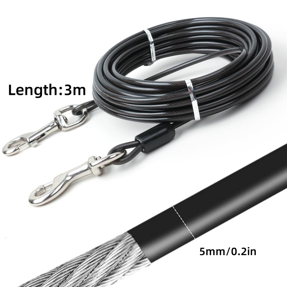 Cavo di sicurezza per cani da 3 m, resistente, per cani, campeggio, picnic, colore: nero