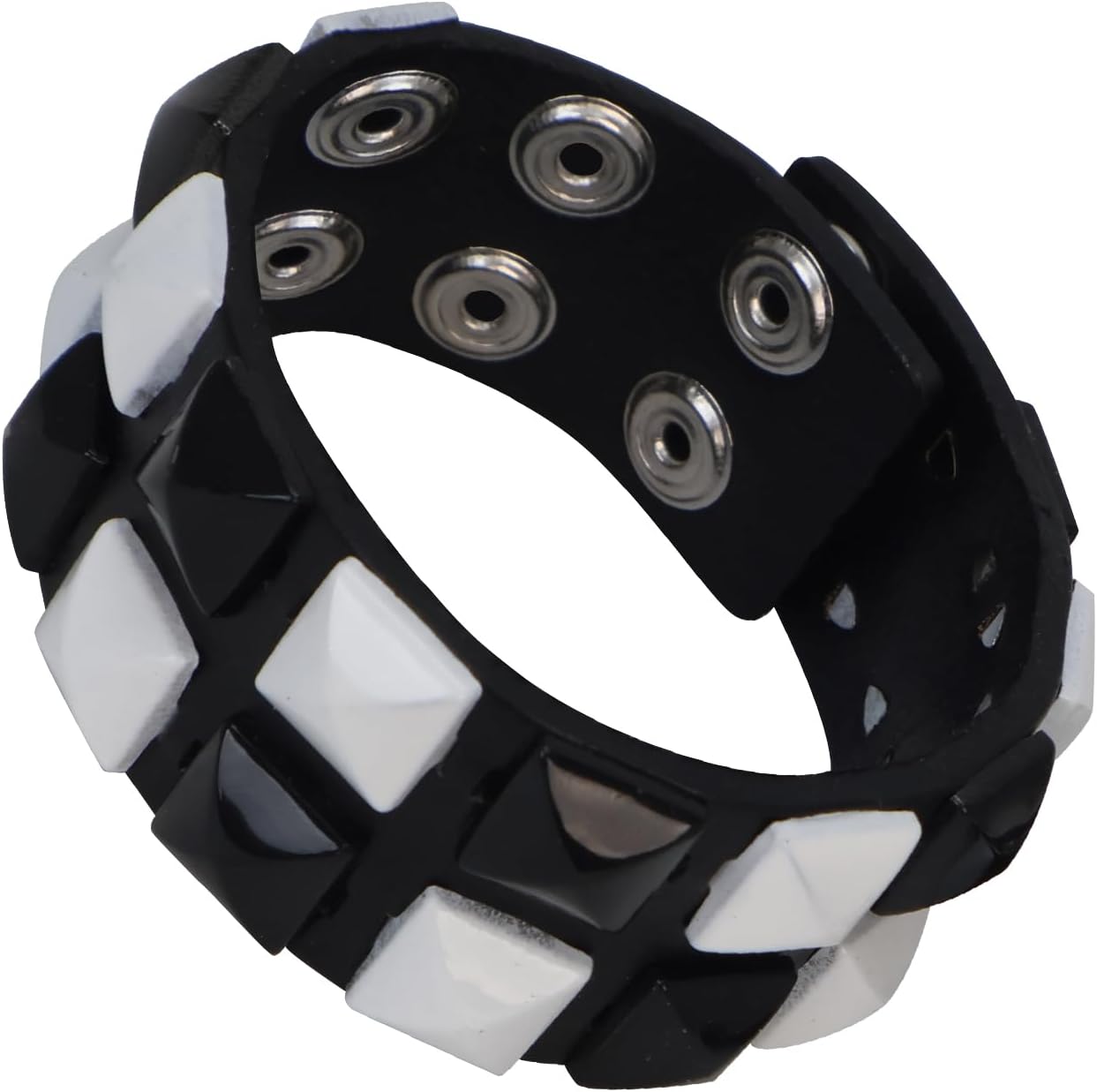 Black White Punk Genuine Leather Bracelet Cuff with Spikes Studs Rivets - Adjustable Metal Wristband for Men Women, Gothic Halloween Accessories