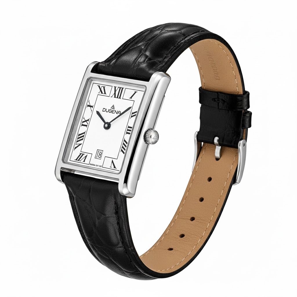 DUGENA Unisex-Armbanduhr 4460699 Quadra Classica, Quarz, weißes Zifferblatt, Edelstahlgehäuse, gehärtetes Mineralglas, Lederarmband, Dornschließe, 3 bar