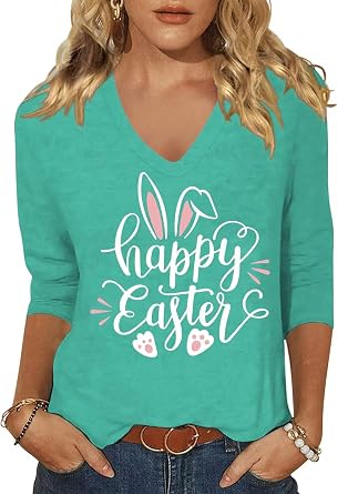 Womens 3/4 V Neck Sleeve Happy Easter Shirts Spring Autism Awareness Shirts Graphic Tops