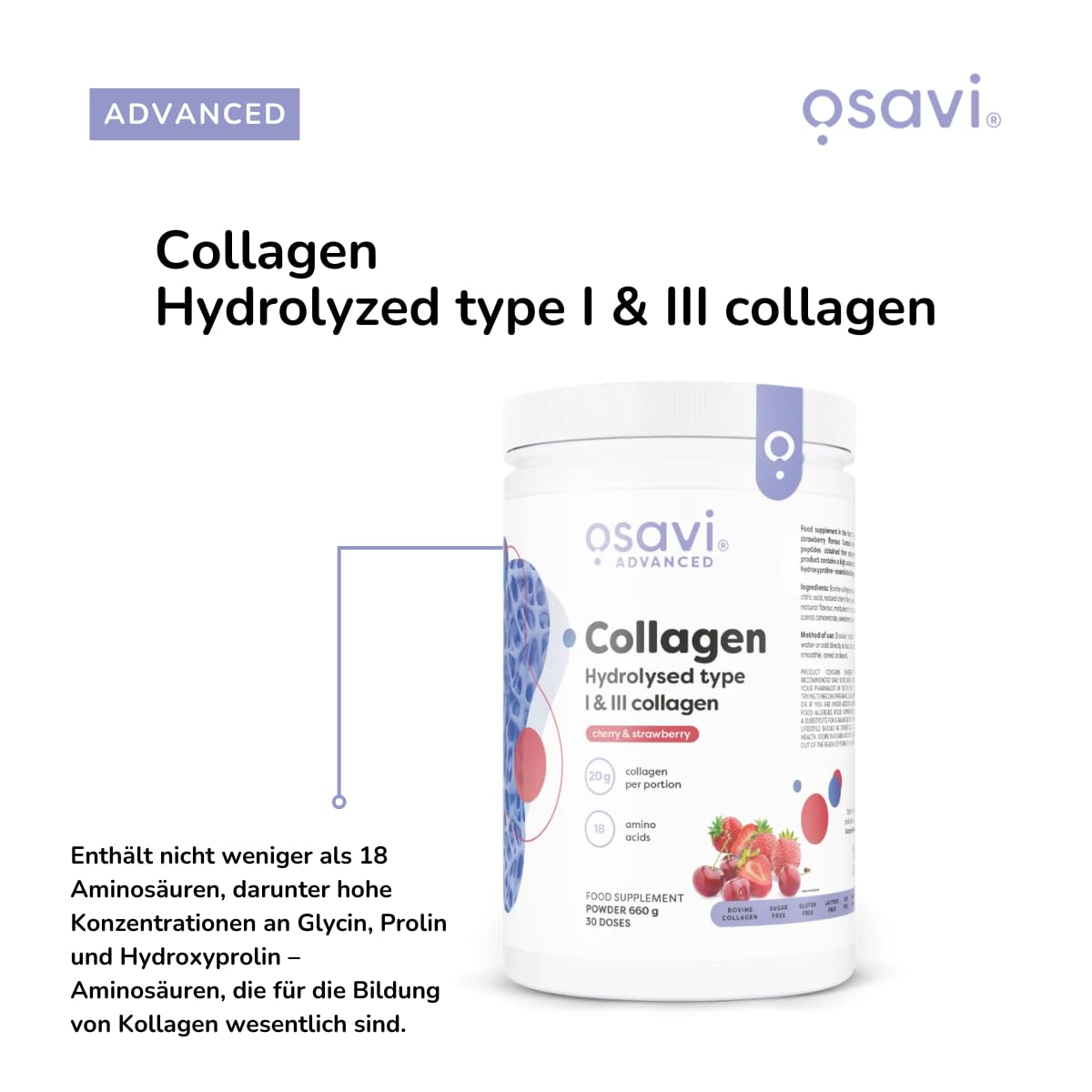 Osavi Hydrolysiertes Kollagen Typ I & III – 660 g Pulver | Kirsch-Erdbeer-Geschmack | 20 g Peptide pro Portion | 18 Aminosäuren inkl. Glycin & Prolin | Unterstützt Muskeln & Knochen | Leicht löslich