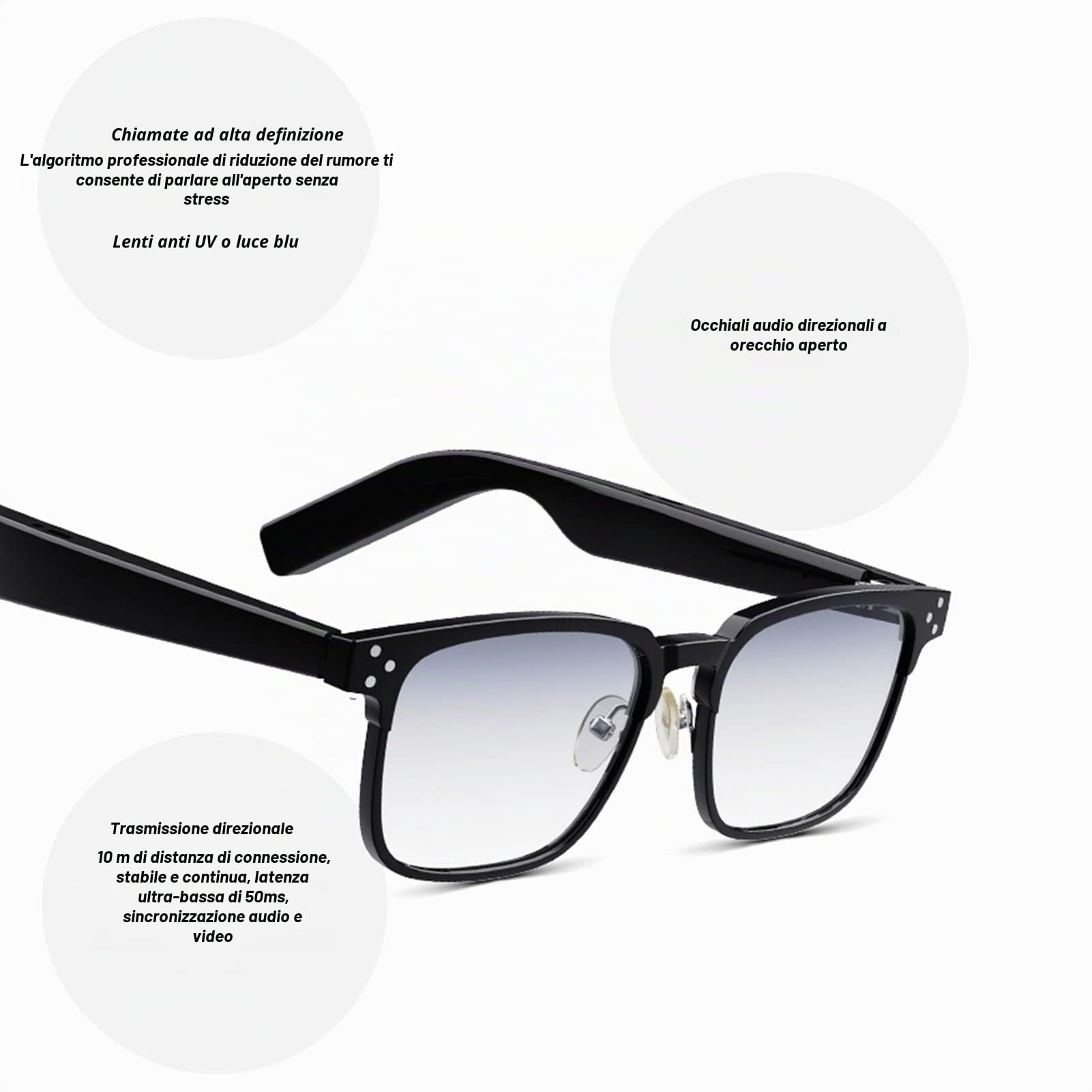Smart Audio Glasses, Bluetooth 5.3 Open Ear Music Glasses con Doppi Altoparlanti Integrati, Blocco della Luce Blu, Impermeabili IPX4, Occhiali Intelligenti Professionali per Uomo