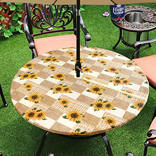 Liberecoo Round Tablecloth With Umbrella Hole -Stain Resistant & Waterproof Flannel Backed Vinyl Fitted Table Cover Elastic Edged Plastic Picnic Table Cover Outdoor #TOP6