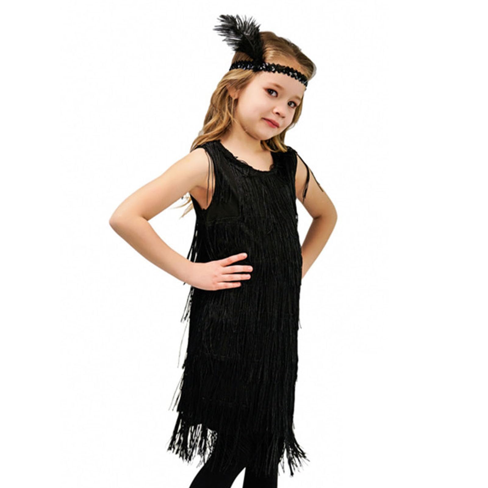 Fille Robe de Danse Latine Franges Robe Vinatage sans Manches Salsa Samba Rumba Tango avec Bandeau Cheveau Plumes pour Spectacle Performance 4-12 Ans