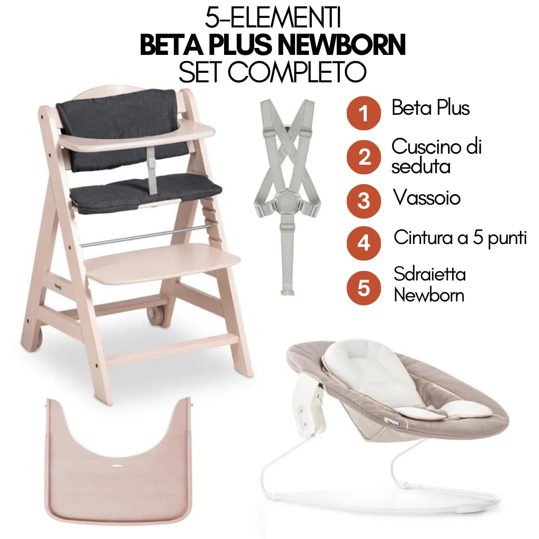 hauck Seggiolone Beta Plus Newborn Set - Seggiolone Legno Evolutivo, con Sdraietta Neonati (Dondolo Neonati), Cuscino Seduta, Vassoio - (Classic, Whitewashed, beige)