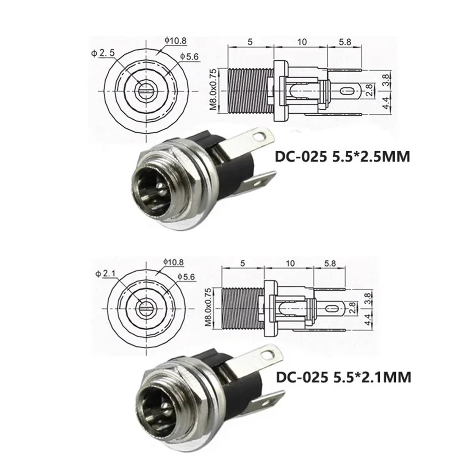 Jack di alimentazione CC, 200 pezzi, 5,5 x 2,1 mm, 5,5 x 2,5 mm, prese CC con dado, presa jack di alimentazione CC, connettore femmina per montaggio a pannello, per audio auto, laptop, lettori MP3