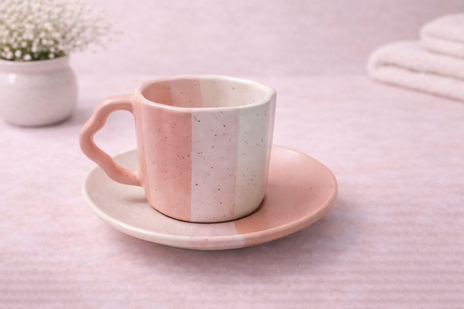 Ceramic Tea Cup and Saucer Set, Pink and White Speckled Design, Small Coffee Mug with Plate
