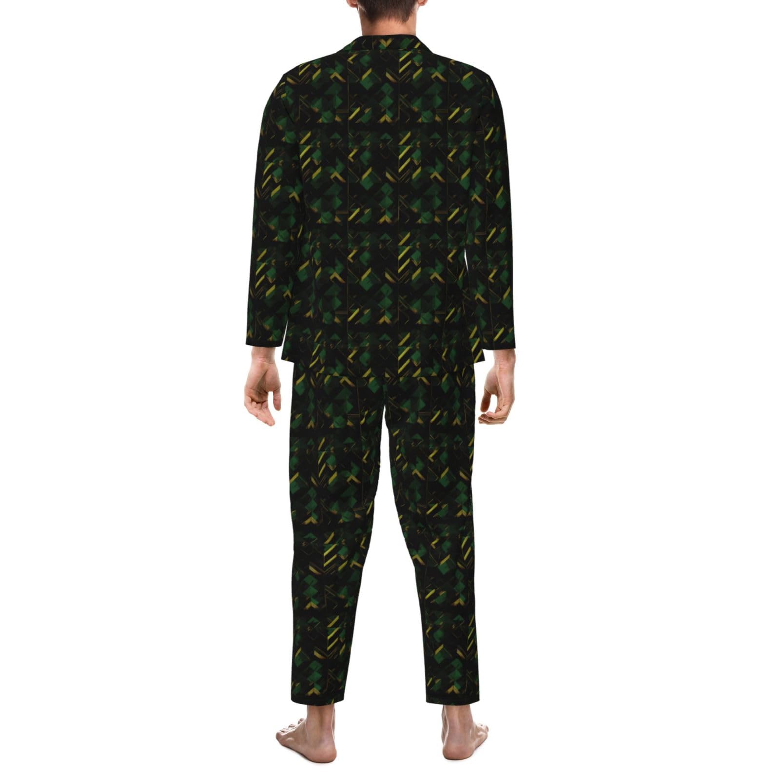Herren-Pyjama-Set, langärmelig, schwarz, grün und gold, geometrischer Druck, zweiteilig, Hauskleidung, bequeme Nachtwäsche, Nachtwäsche