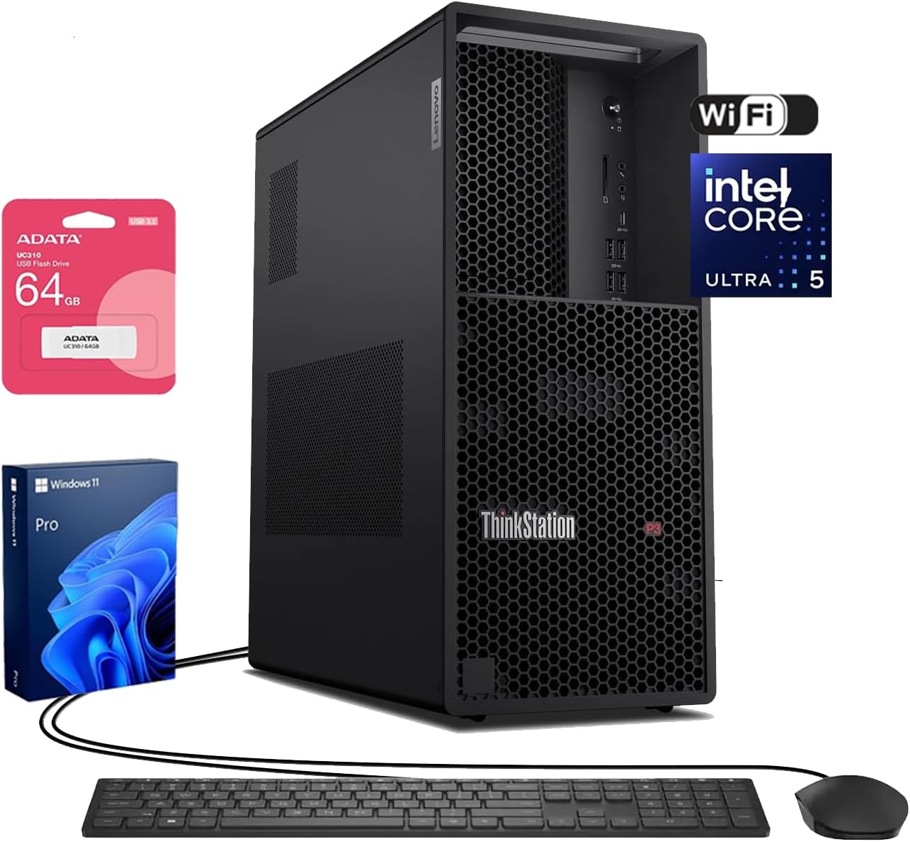 Lenovo ThinkStation P3 Tower Desktop AI PC, Intel Core Ultra 5 225, 16GB DDR5, 512GB SSD, Support 3-Display 4K, Wi-Fi 7, HDMI, DP, Wired KB & Mouse, Windows 11 Pro, Business Workstation, w/Bundle
