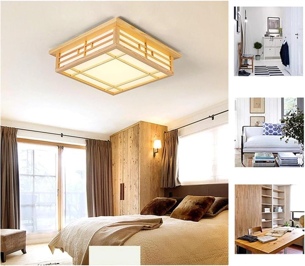 KISAD Japanese Style Square Ceiling Light Vintage Wood LED Ceiling Lamp Close to Ceiling Light Fixtures for Bedroom Kitchen Hallway Laundry Room Bathroom (Color : Warm Light, Size : 45cm)