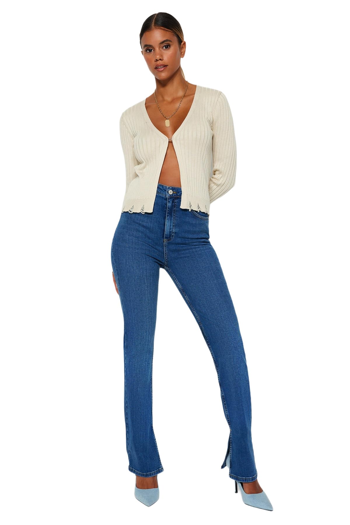 Trendyol Damen Navy Blue Man High Waist Flare Jeans, 38