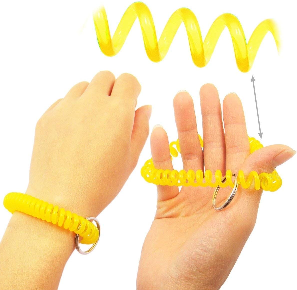 Pack of 50 Flexible Stretchable Clear Color Plastic Spring Spiral Wrist Coil Band Key Chain Ring Tag for Sport Yoga Sauna Pool Office School (Yellow)